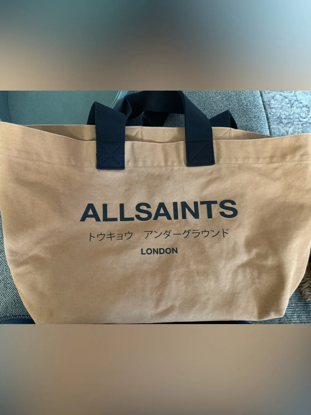 AllSaints Tan Canvas Tote Bag with Black Handles